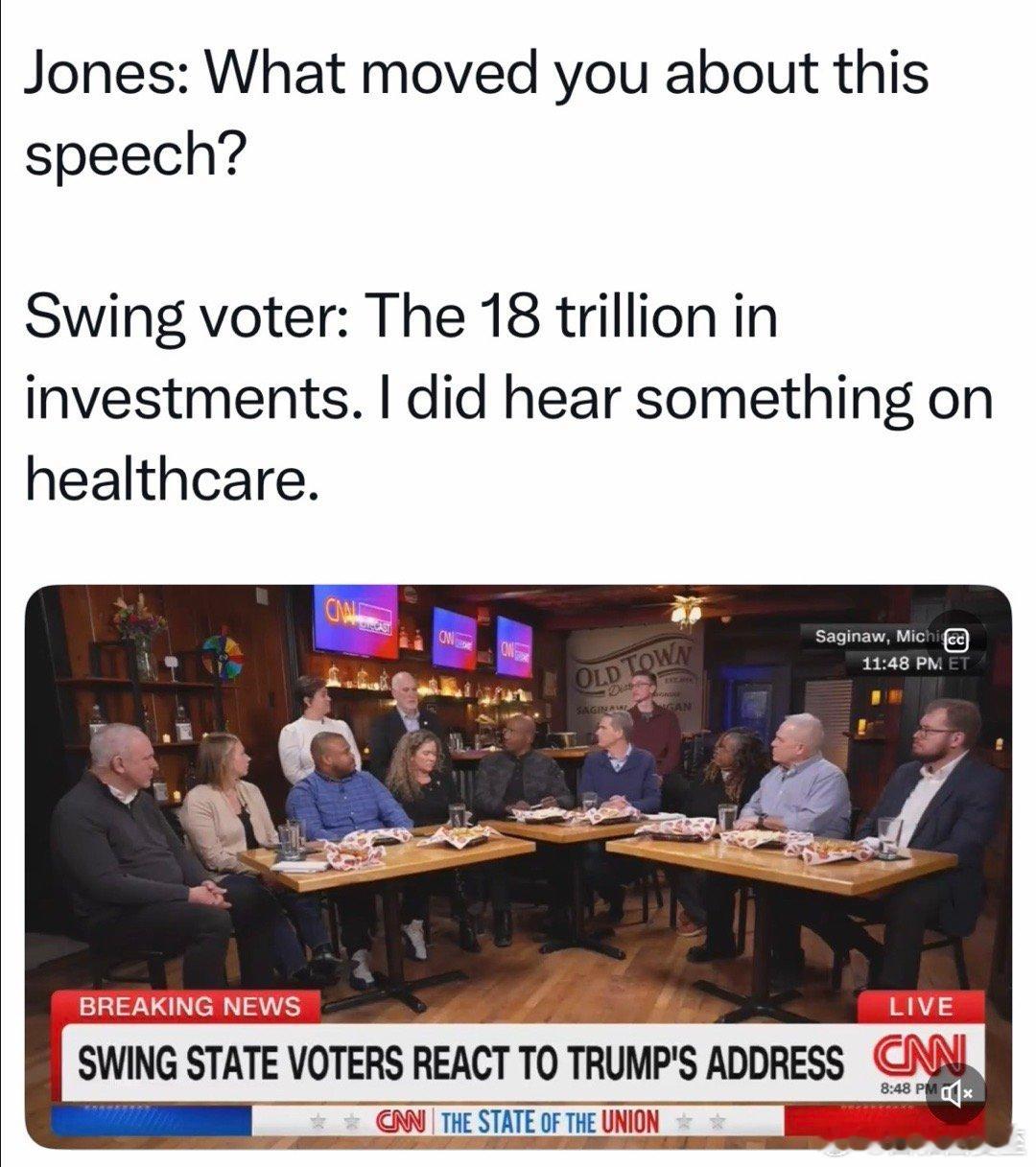 CNN请摇摆州居民谈观后感，一名观众称“很有触动”，因为“十八万亿投资、处方药大