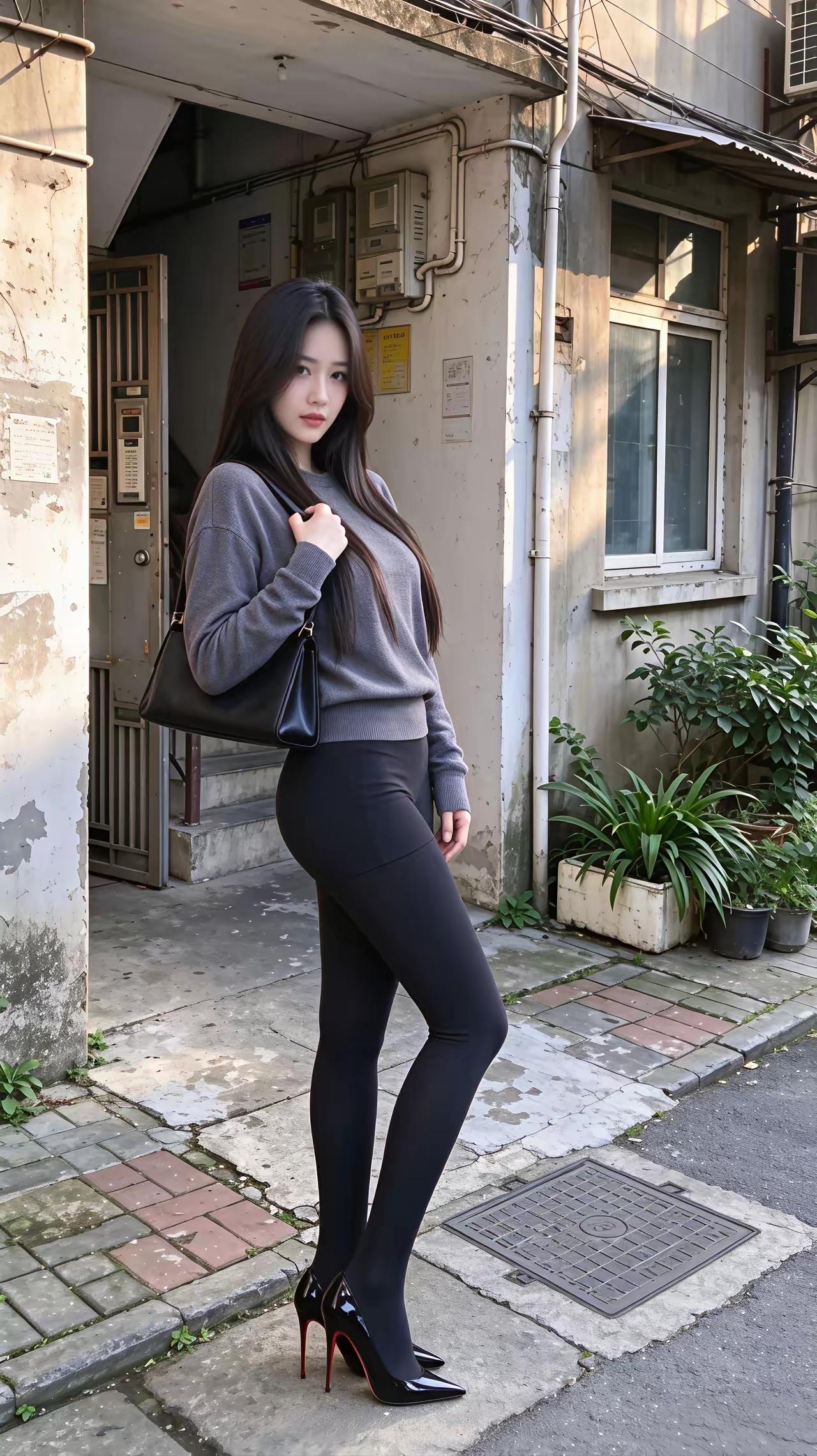 青春俏女郎，秀发过肩长。檐下挎香包，凝眸望远方。