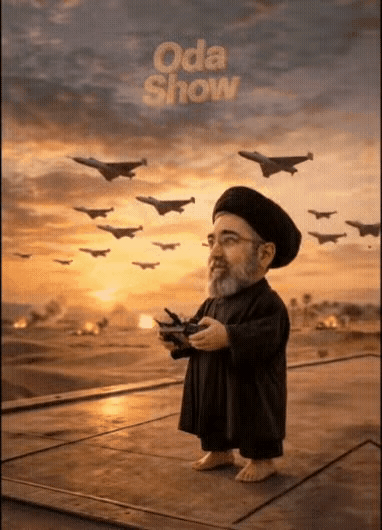 赤脚者的降维打击——这幅智能P图创意十足。画面中，伊朗老者赤脚立于地面，手持游戏