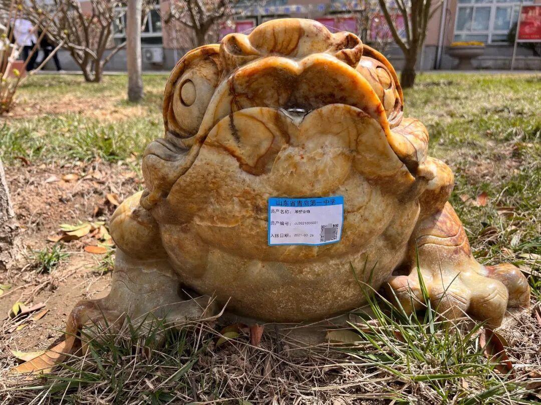 吵翻天！山东青岛，一学校在草坪上摆了一只三足金蟾。有家长不乐意了，拍下来发到网上