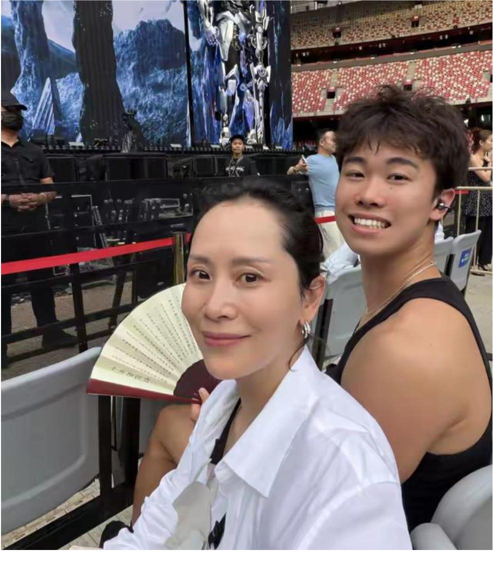 48岁的海清晒陪儿子看周杰伦的演唱会。她穿着白衬衫，头发梳得干净利落，显得发际线