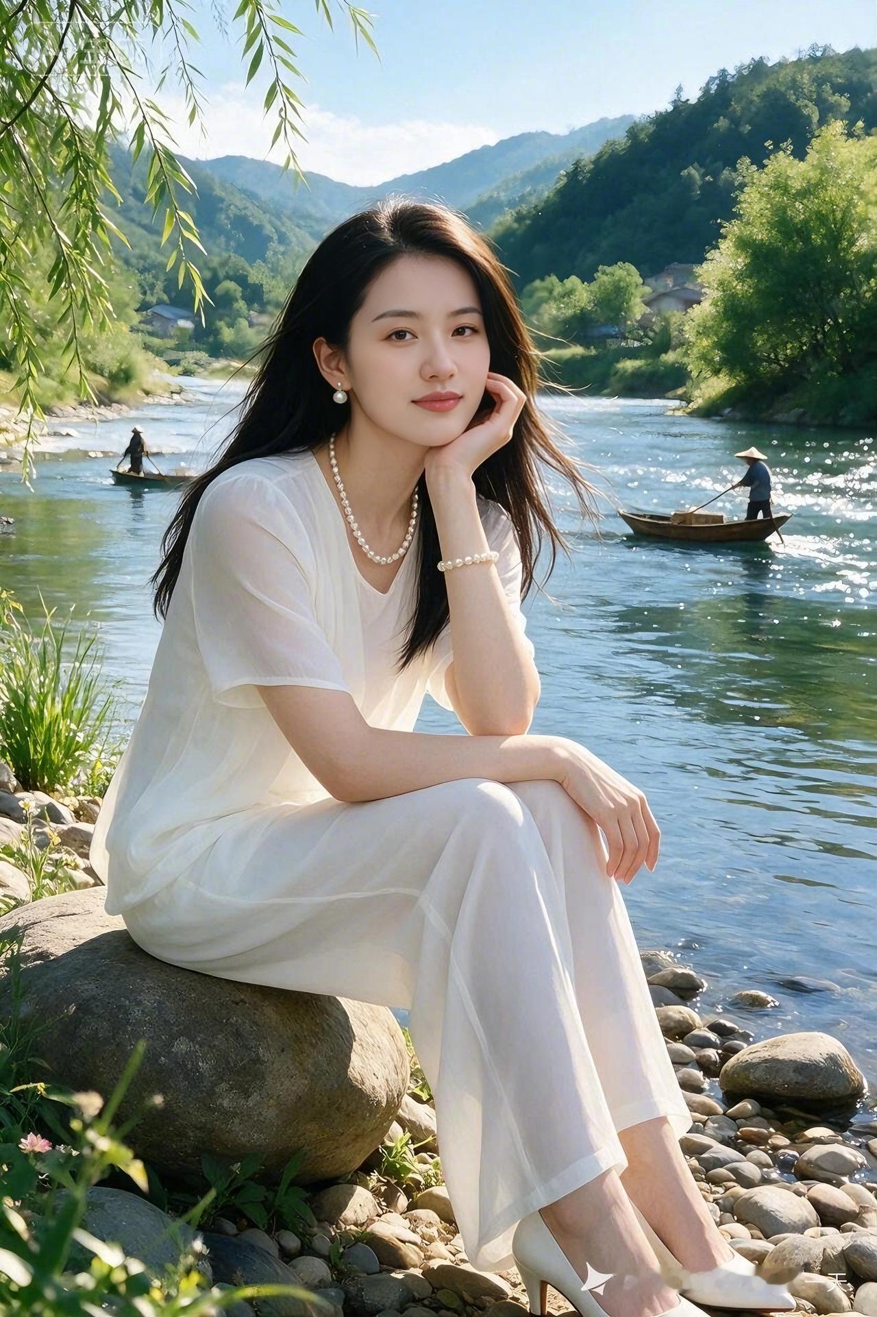 溪畔闲坐清溪绕岸柳丝垂，山石静卧玉姿美。一袭素衣微风拂，珍珠饰颈韵意随。