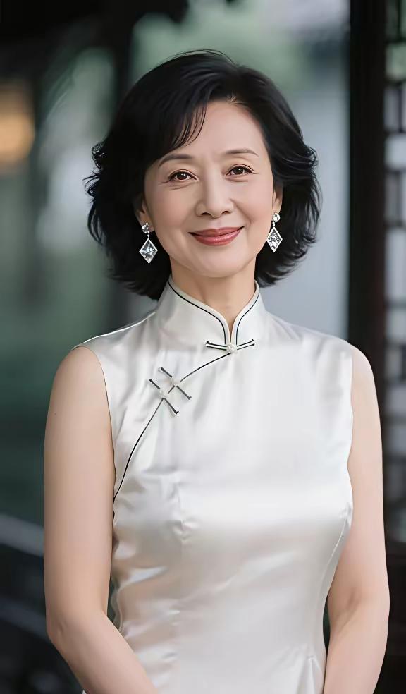 山坡羊·48岁女子之美白袍轻绕，盘扣精巧，时光韵味旗袍表。缎光娇，发丝飘