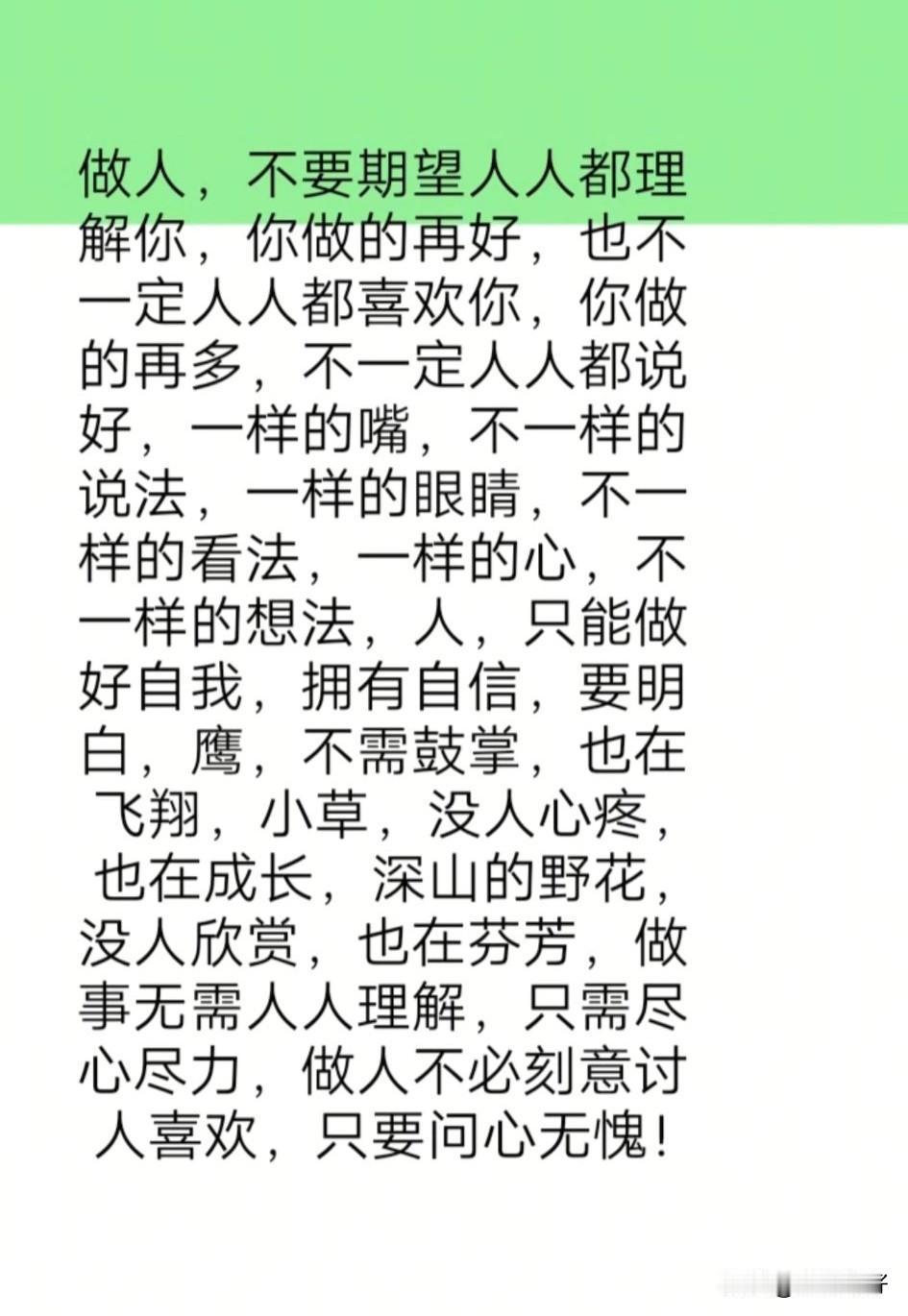 做人，不要期望人人都理解你。你做得再好，也不一定人人都喜欢；你付出再多，也不一定