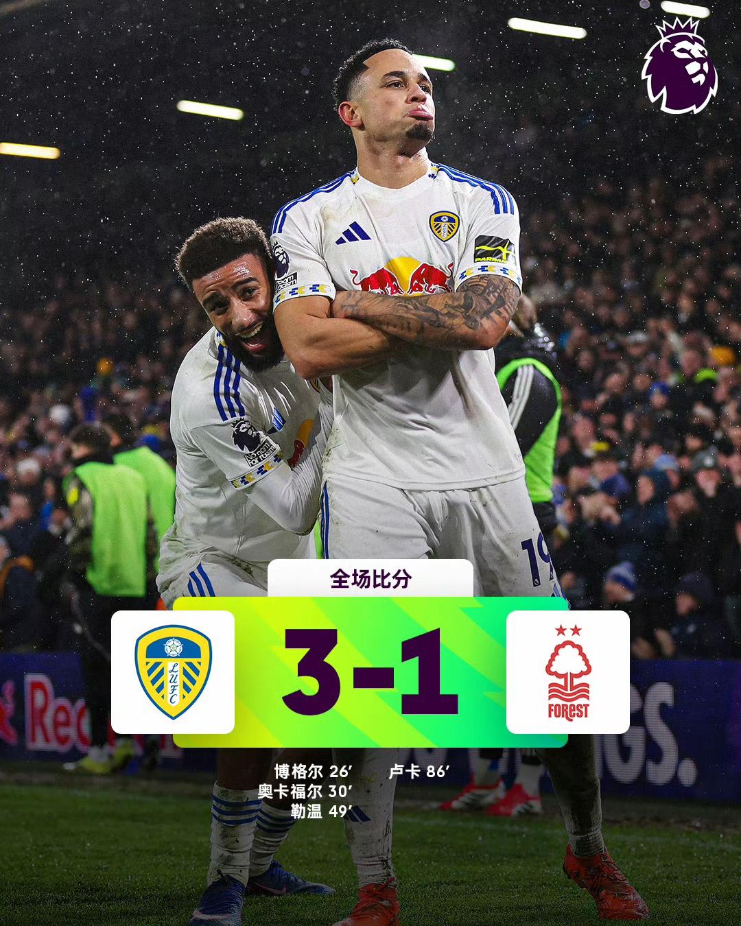 英超第25轮，利兹联3-1诺丁汉森林！利兹联打赢保级6分之战！白玫瑰还是第16