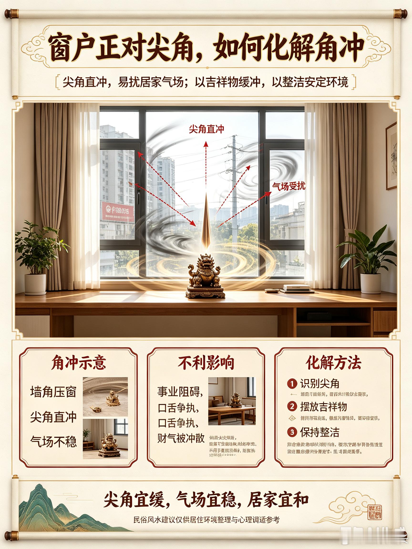住宅窗户若正对高楼墙角、广告牌尖角、电线杆尖等尖锐物体，在风水上称之为**角冲*