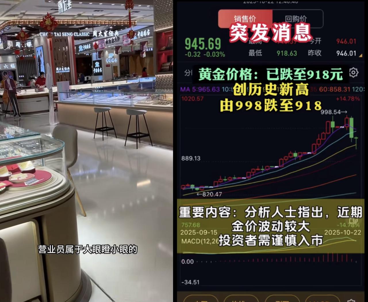 不能再买黄金了就在昨晚小黄鱼从998跌到918，今天再去逛商场，一楼的六七