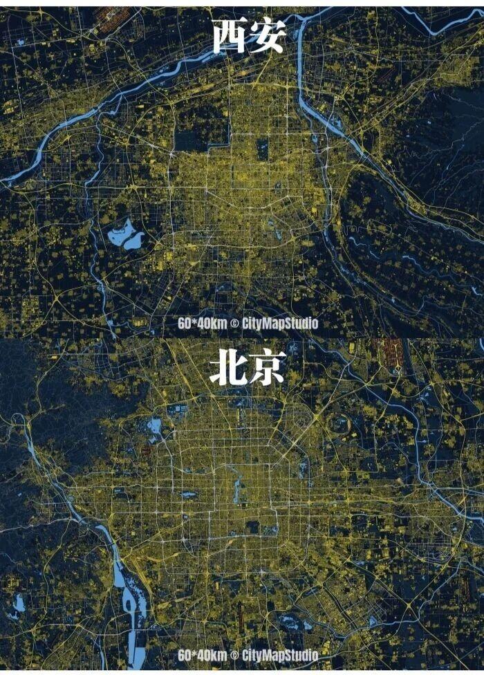 北京建成区约1469平方千米，西安建成区约810平方千米，北京建成区规模