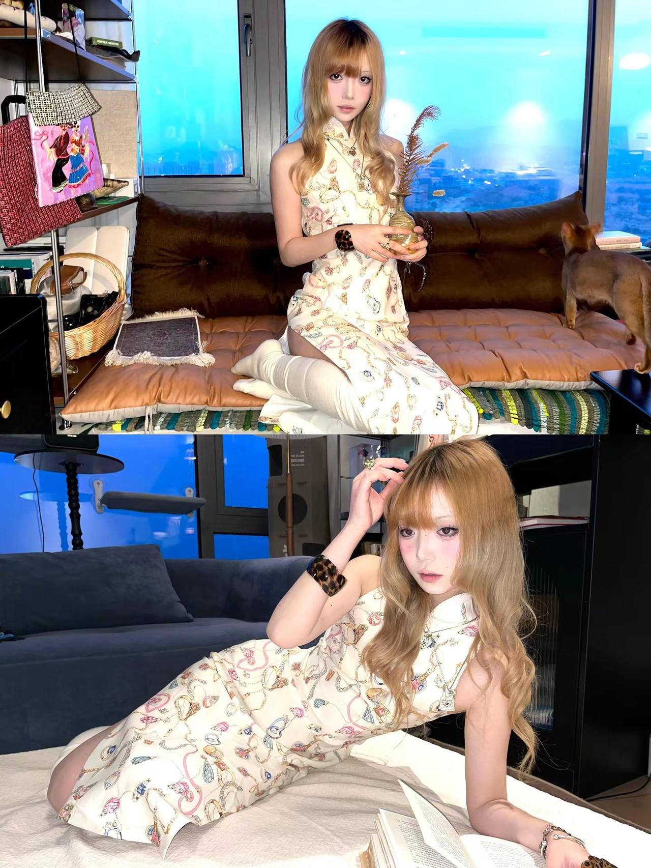 中华旗袍女人。金发人类