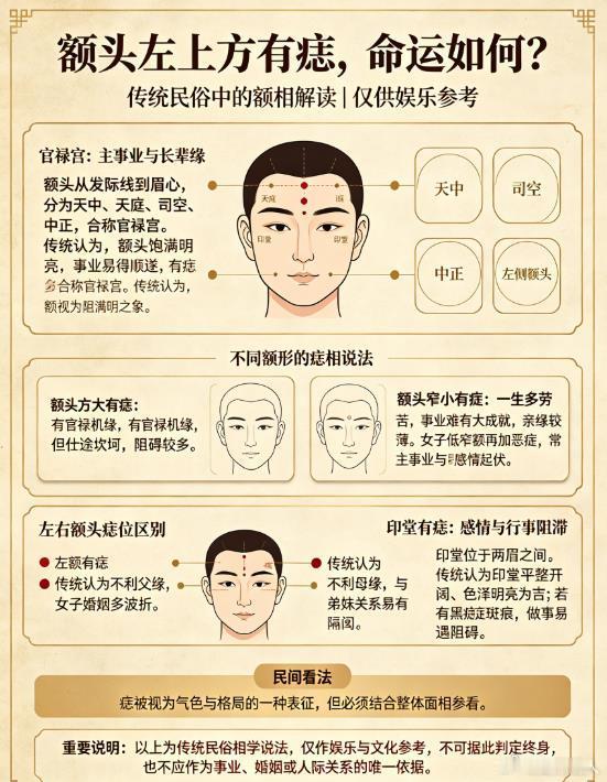 【额头左上方有痣，在相学中代表什么？】玄灵道人额头，从发际线到眉心，自上而下分为天中、天庭、司空、中