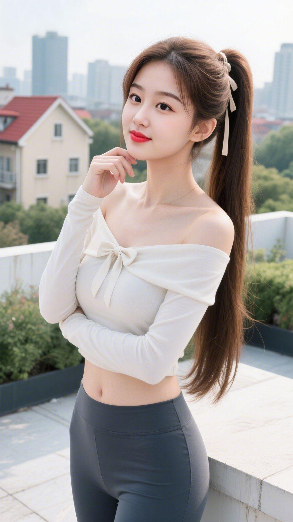 《白衫裹满城风柔》露台的光浸着楼宇浅影，她臂弯轻叠时，白衫领结随风轻晃，似