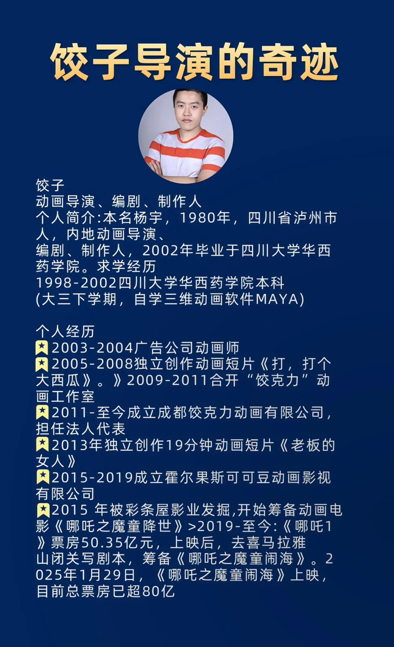 导演饺子的奇迹，其实哪里有什么无缘无故的奇迹，都是一路奋斗出来的。[赞]