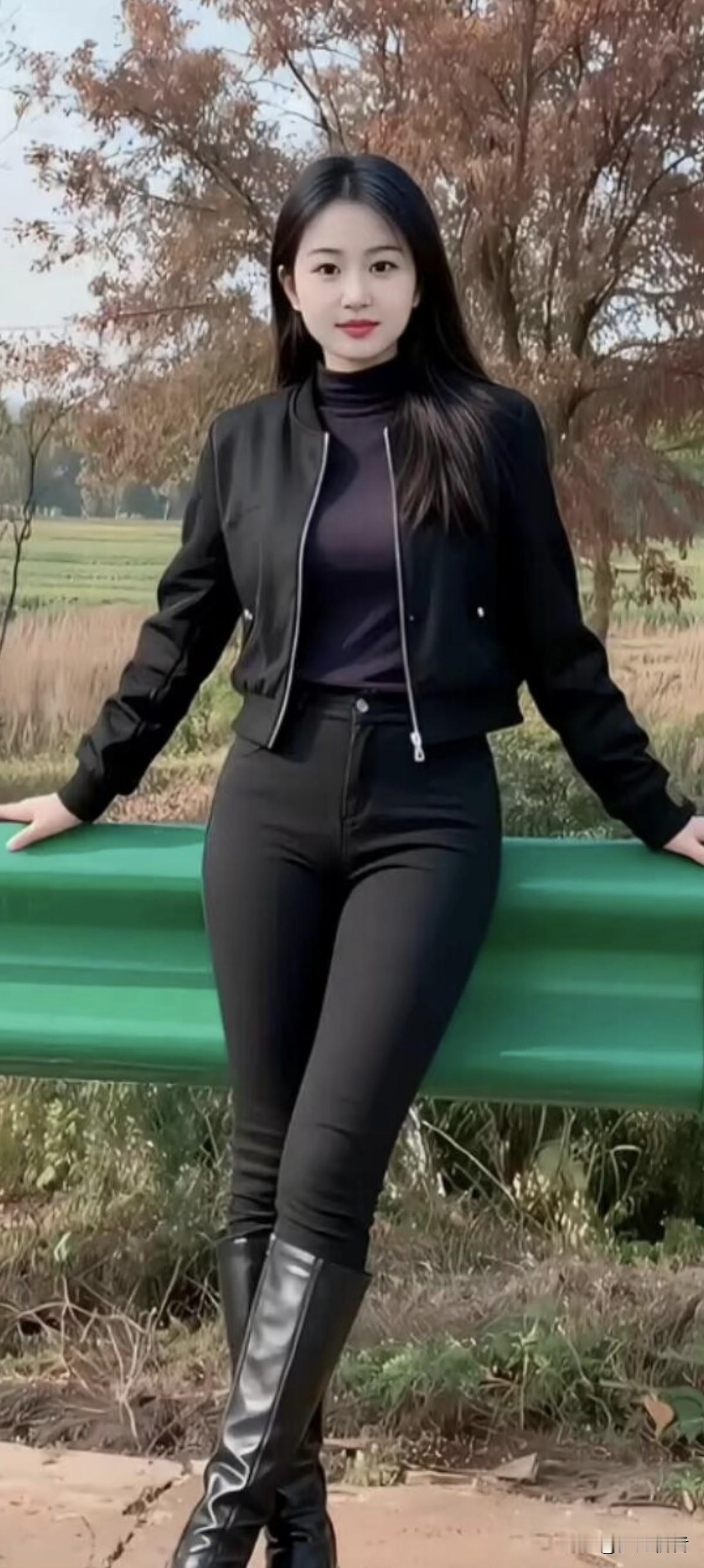 黑衣美人倚绿栏，寒意渐浓心自闲。