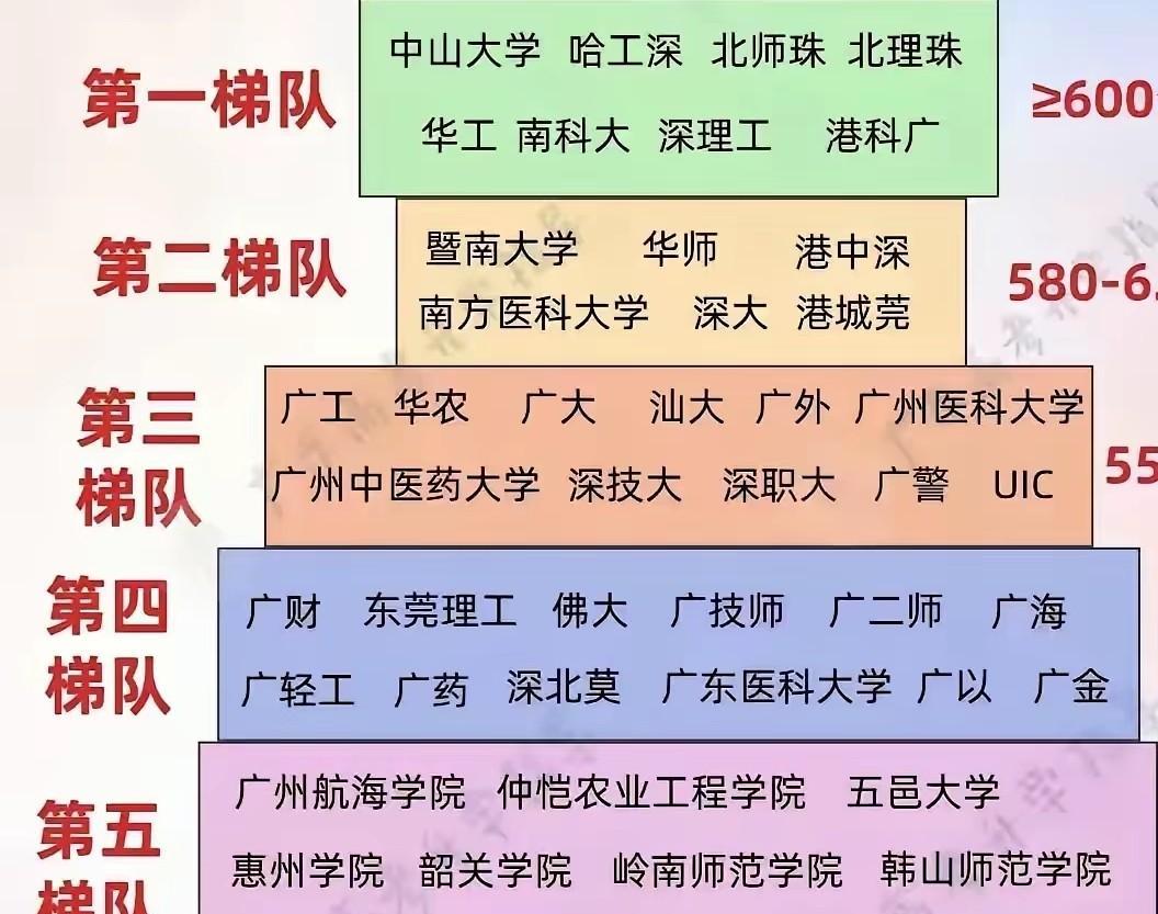 这是广东各大学梯队表，南科大高居第一梯队，南方医科大学位列第二梯队，广州中医药大
