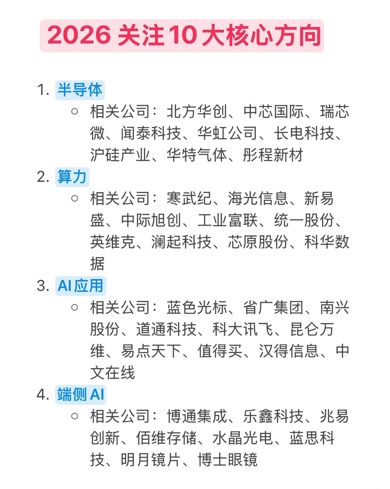 2026年值得关注的10大核心方向及相关公司如下：1.半导体：涉及北方华创、中芯