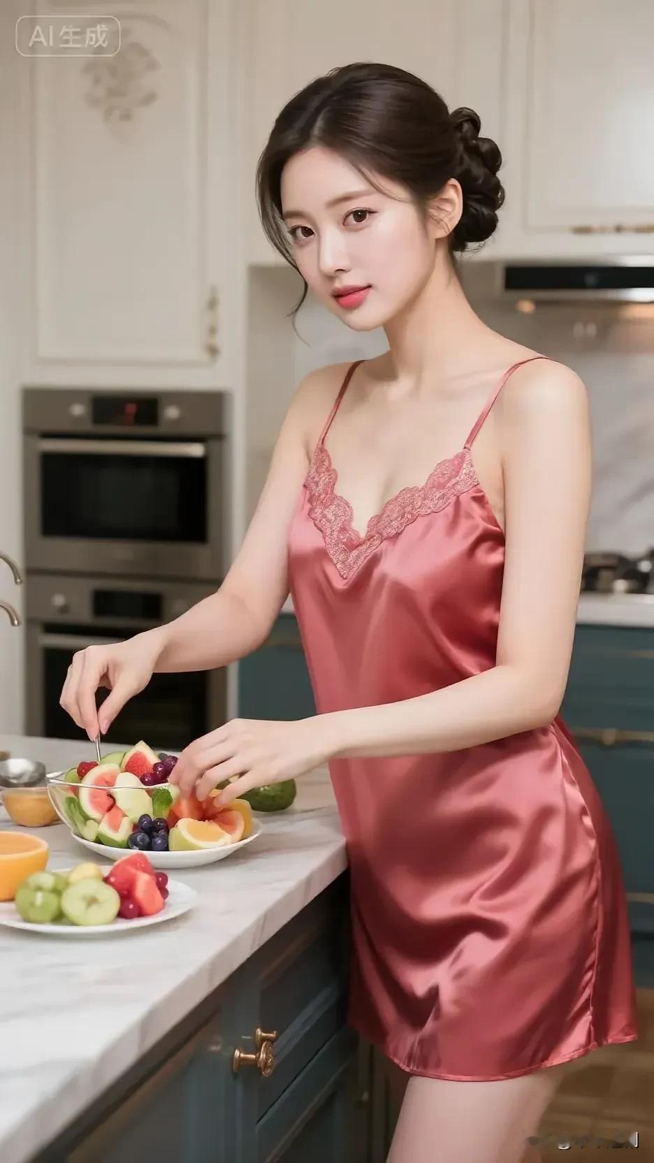 女人最美是气质还是最美的是善良?晨厨里的柔色，丝缎裹着清甜，指尖碰过果盘的鲜，