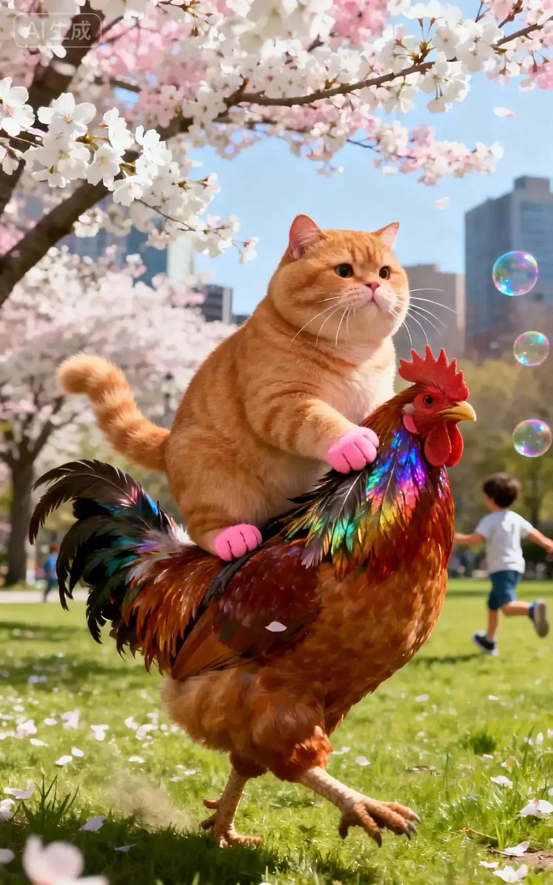 胖橘猫一屁股蹲在大公鸡背上，大公鸡居然不炸毛，还慢悠悠在院子里兜圈。江西老乡拍