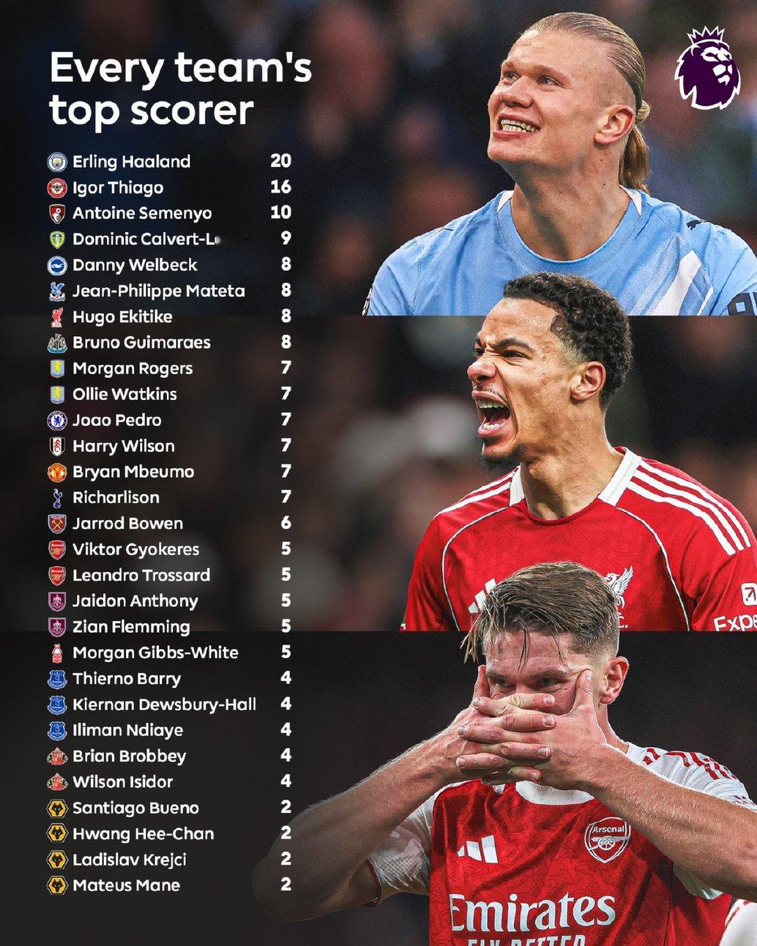 英超各队联赛进球最多的球员哈兰德独一档，阿森纳约克雷斯和特罗萨德都是5球英超