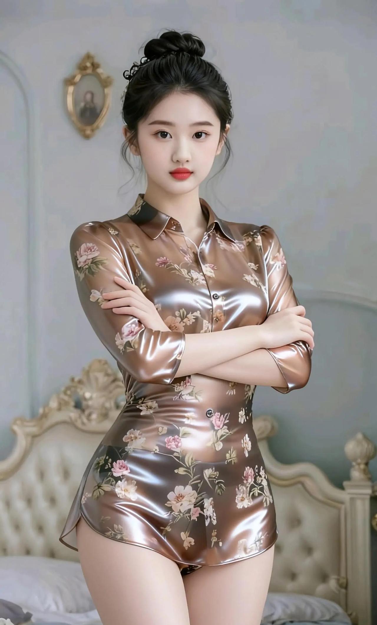 姑娘新装金绡花影著身轻，云髻高盘一室明。别样风情谁解味，霓裳似梦自倾城。