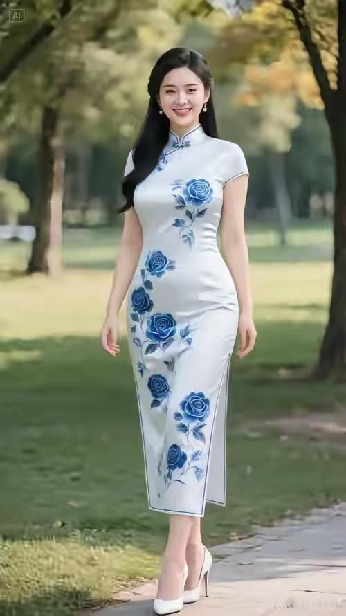 旗袍雅致韵味声，白底兰花显风情。