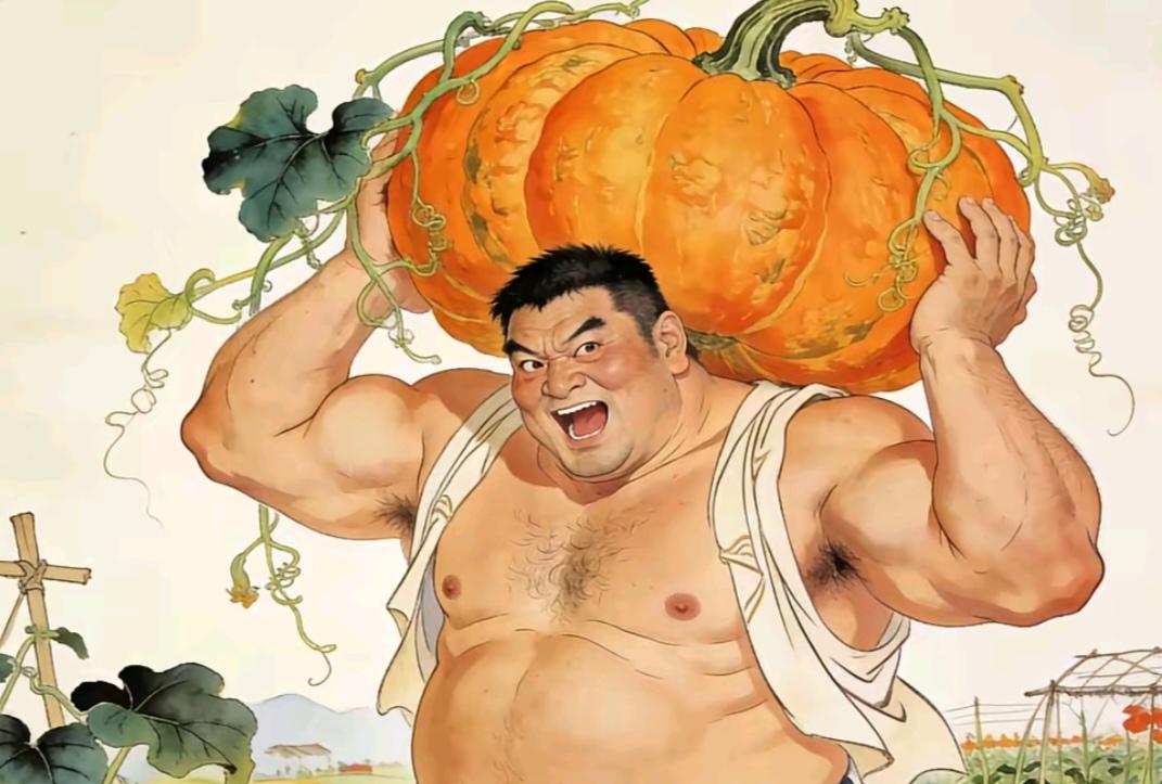 〔看图猜成语〕图中谐音猜成语；一个力士背南瓜；轻而易举不费劲；你说力量多