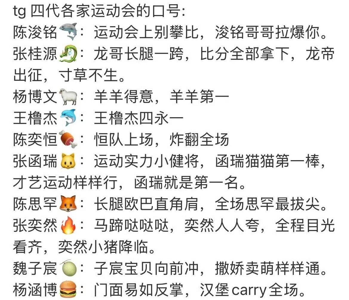 TF四代运动会口号应援围观TF四代运动会各家应援口号笑到不行。别家霸气宣言，粉丝