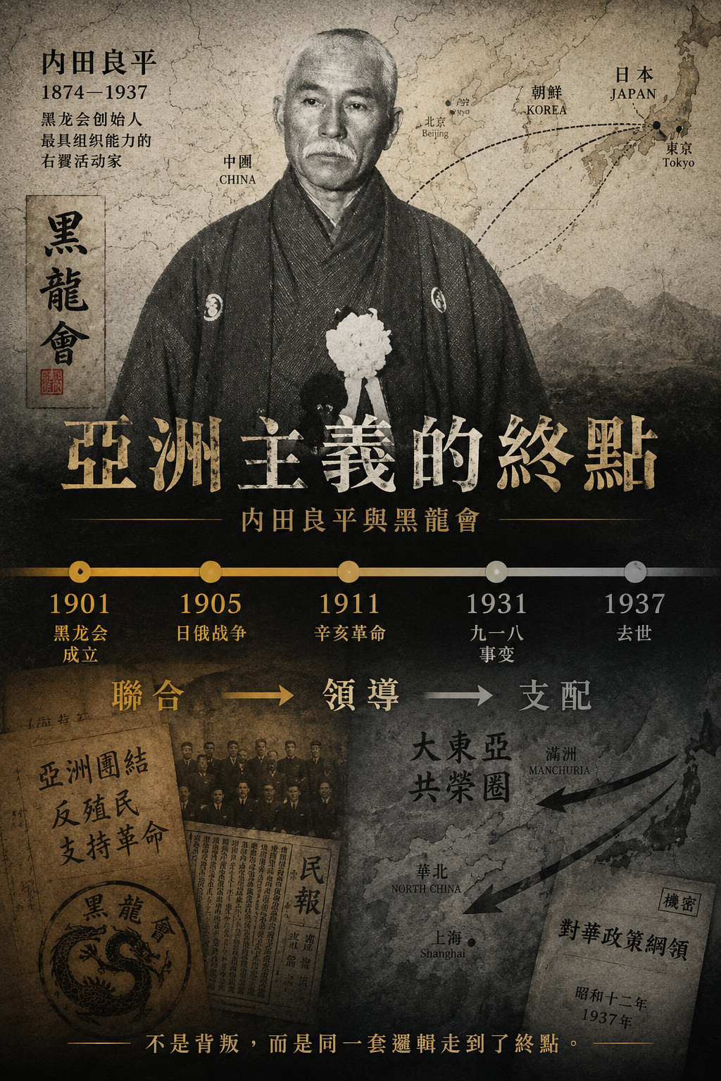 内田良平（1874—1937），黑龙会创始人，日本最具组织能力的右翼活动家。他的