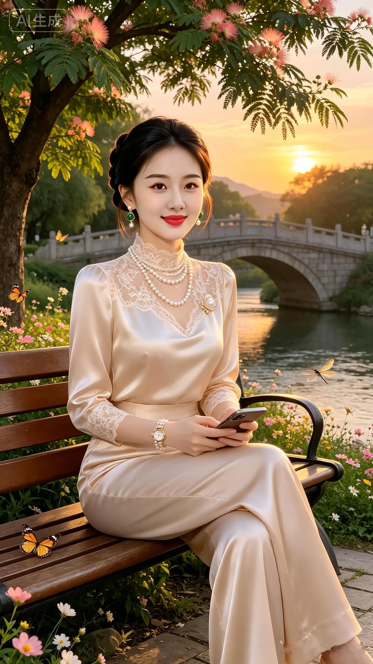 日出霞光轻吻繁花，温婉女子静拥满肩温柔，珍珠配饰流光轻漾，彩蝶翩跹萦绕身旁，风色
