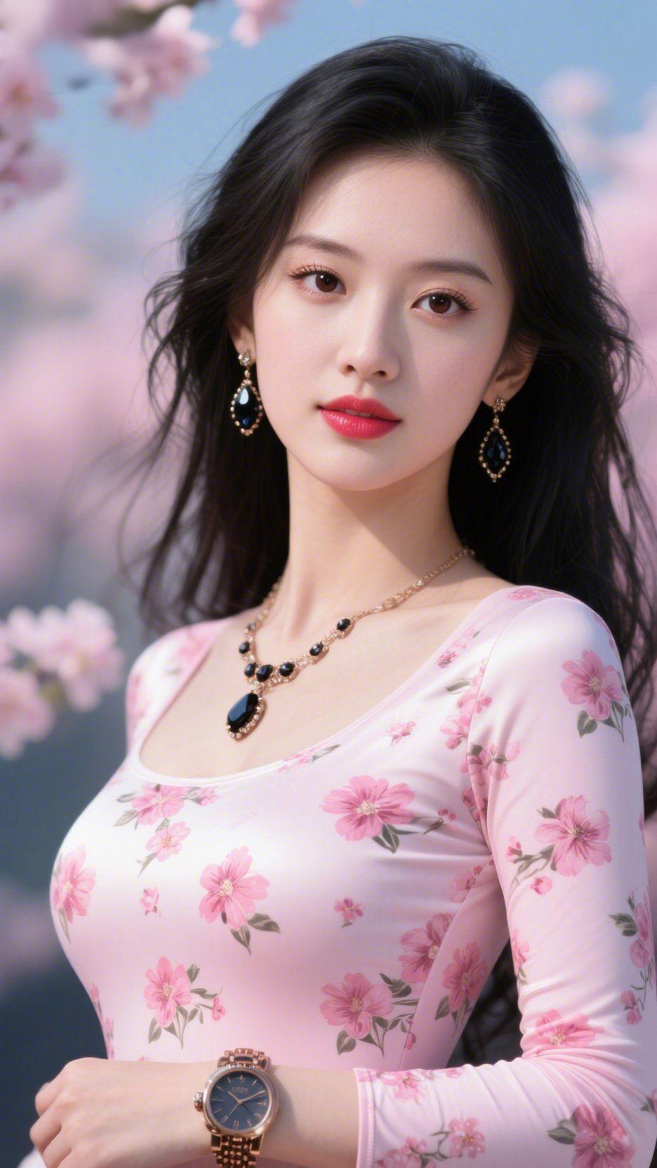 《粉裙栖樱光》樱花漫染的春日里，粉底碎花裙晕开软甜的柔，裙间花影与枝头樱瓣