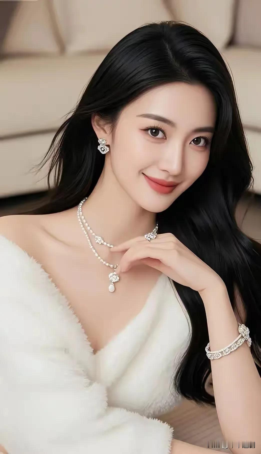 白雾般的绒裙裹着柔意，珍珠与碎钻在颈间腕侧轻闪，像把月光揉进了一身温柔。长发垂落