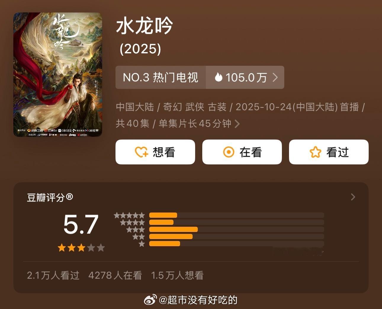 罗云熙水龙吟豆瓣开分5.7，近2.5万人打分​​​