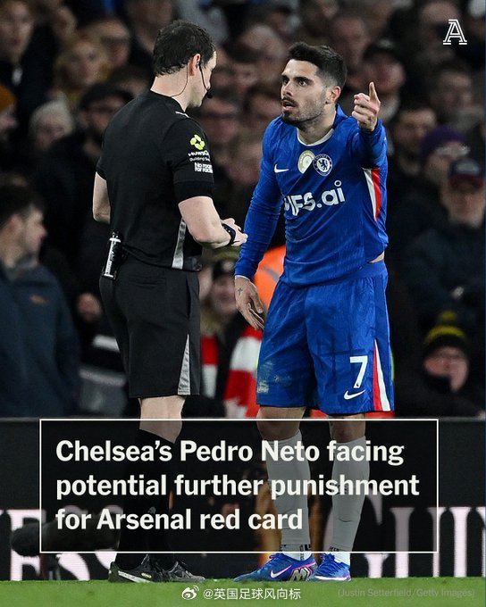 【内托红牌面临追加处罚】英足总官方确认，正式指控切尔西边锋内托，在对阵阿森纳比赛