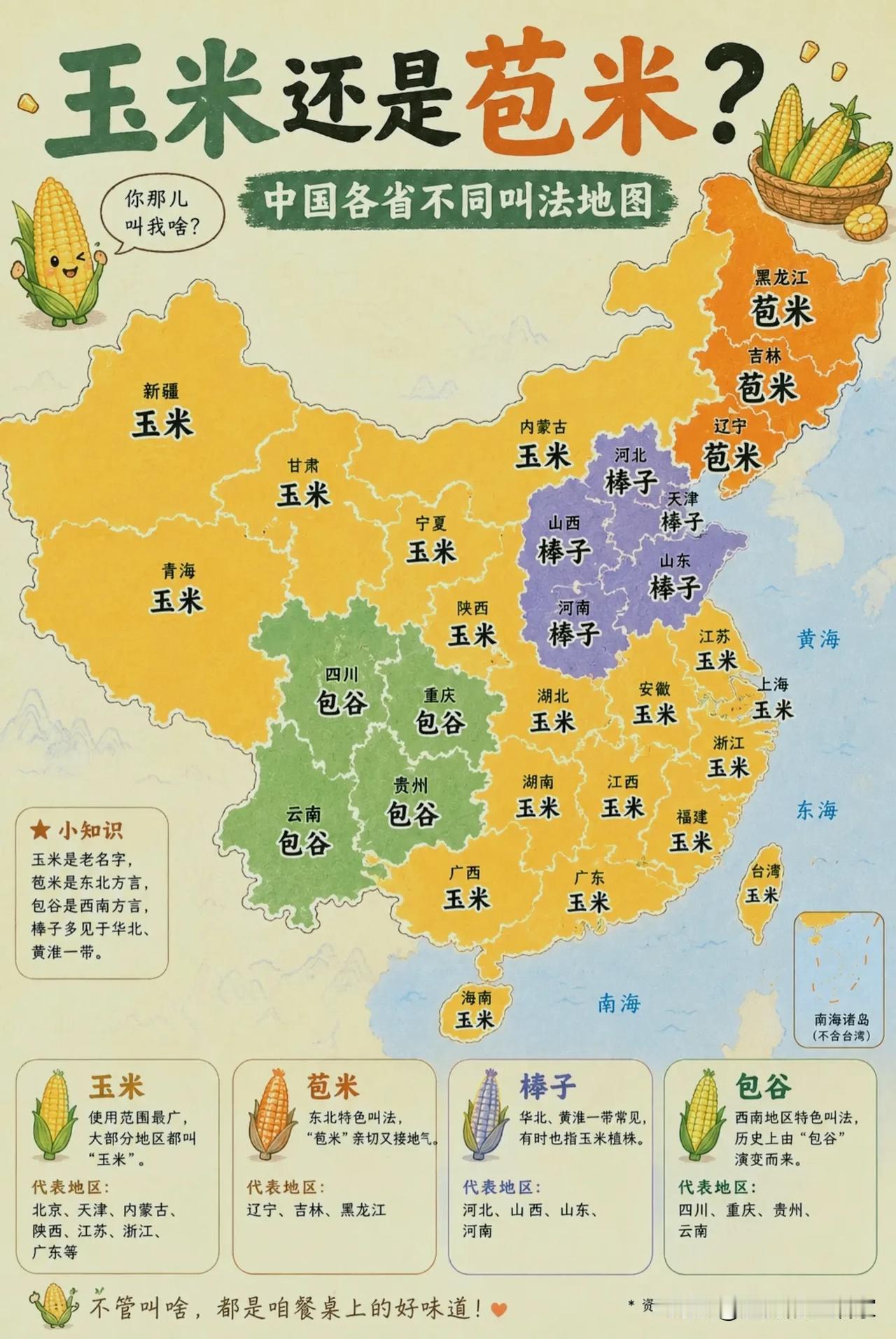 一张方言地图看懂！玉米、苞米、棒子、包谷，你们老家管它叫啥🌽同样都是这根