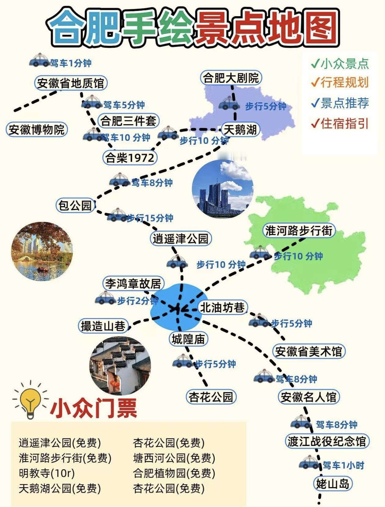 合肥手绘旅游景点分布图，附3日游攻略！