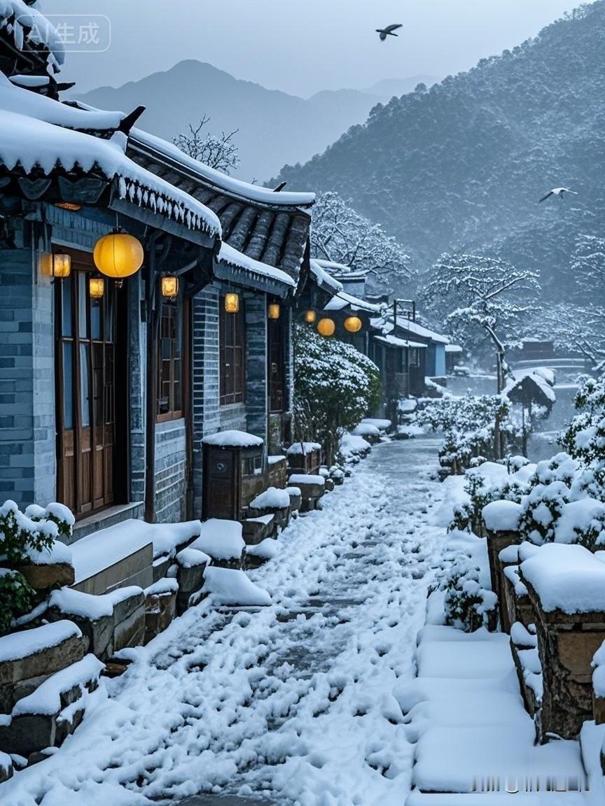 冬雪苍山覆雪晚烟轻，古巷凝霜石径平。灯影摇红檐角下，一川冬色入诗情。冬雪