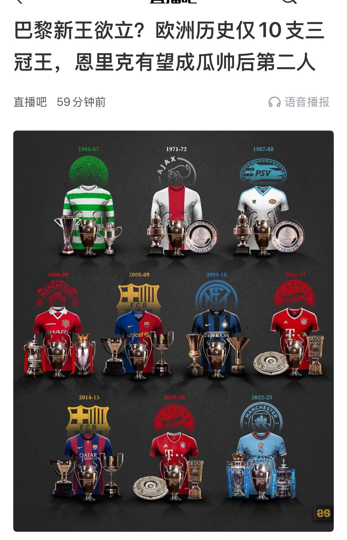 信息量很大，皇马从未染指三冠王！巴塞罗那夺得过三冠王，而且不是一次而是两次！