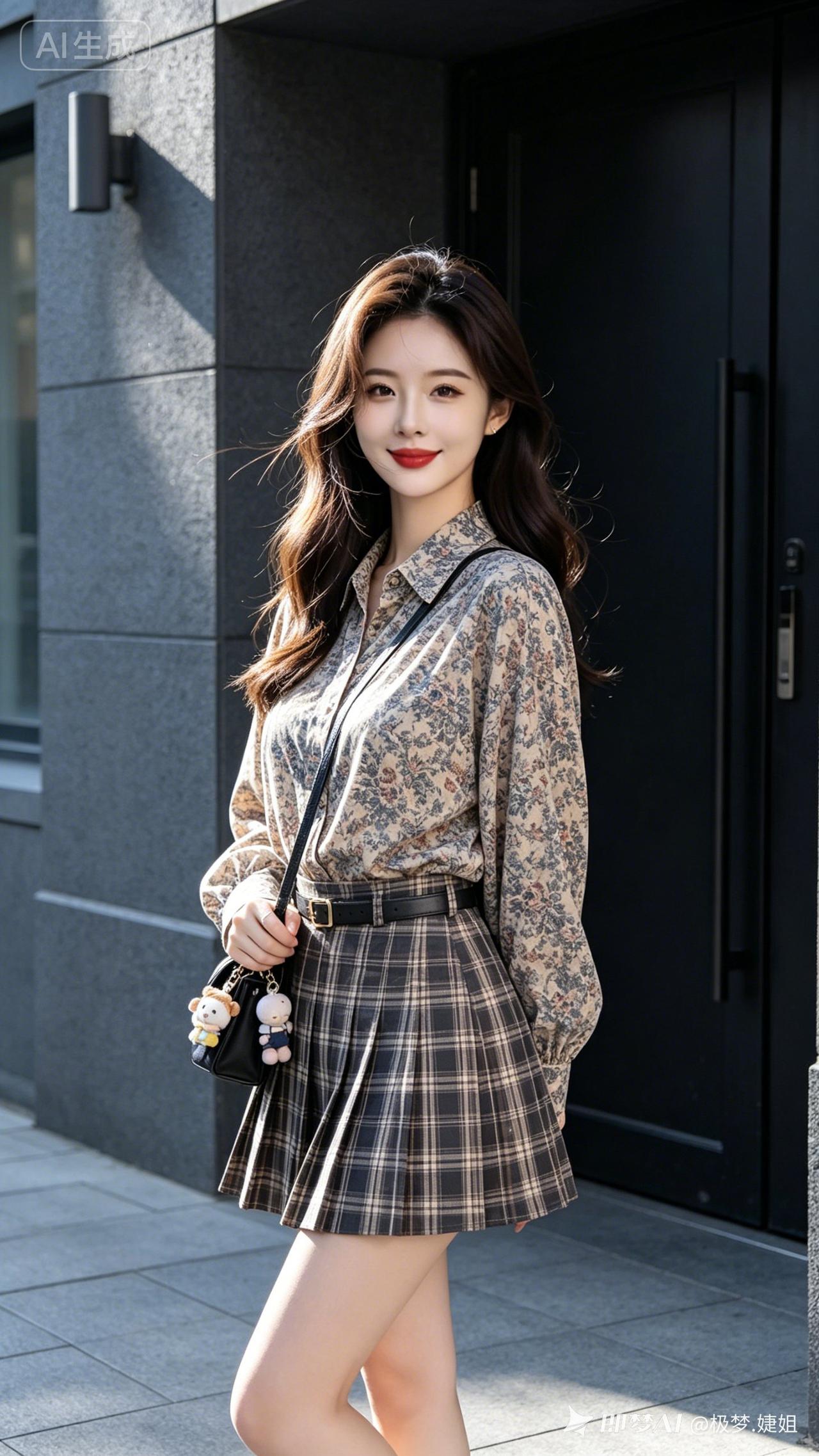 江南少女身姿曼妙，格纹套装潮范十足。慵懒长发随性散落，冷白肌肤细腻透亮。侧身立于