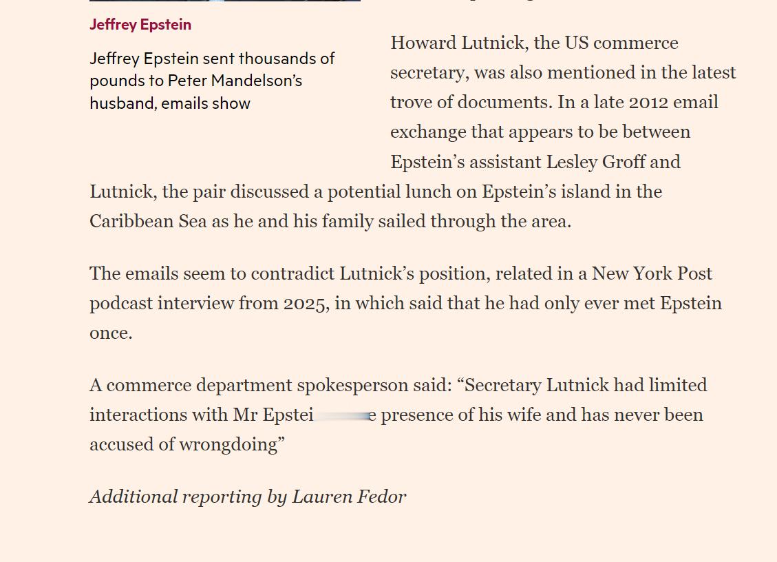 🔻美国商务部长霍华德·卢特尼克也在最新披露的爱泼斯坦文件中被提及。2012年