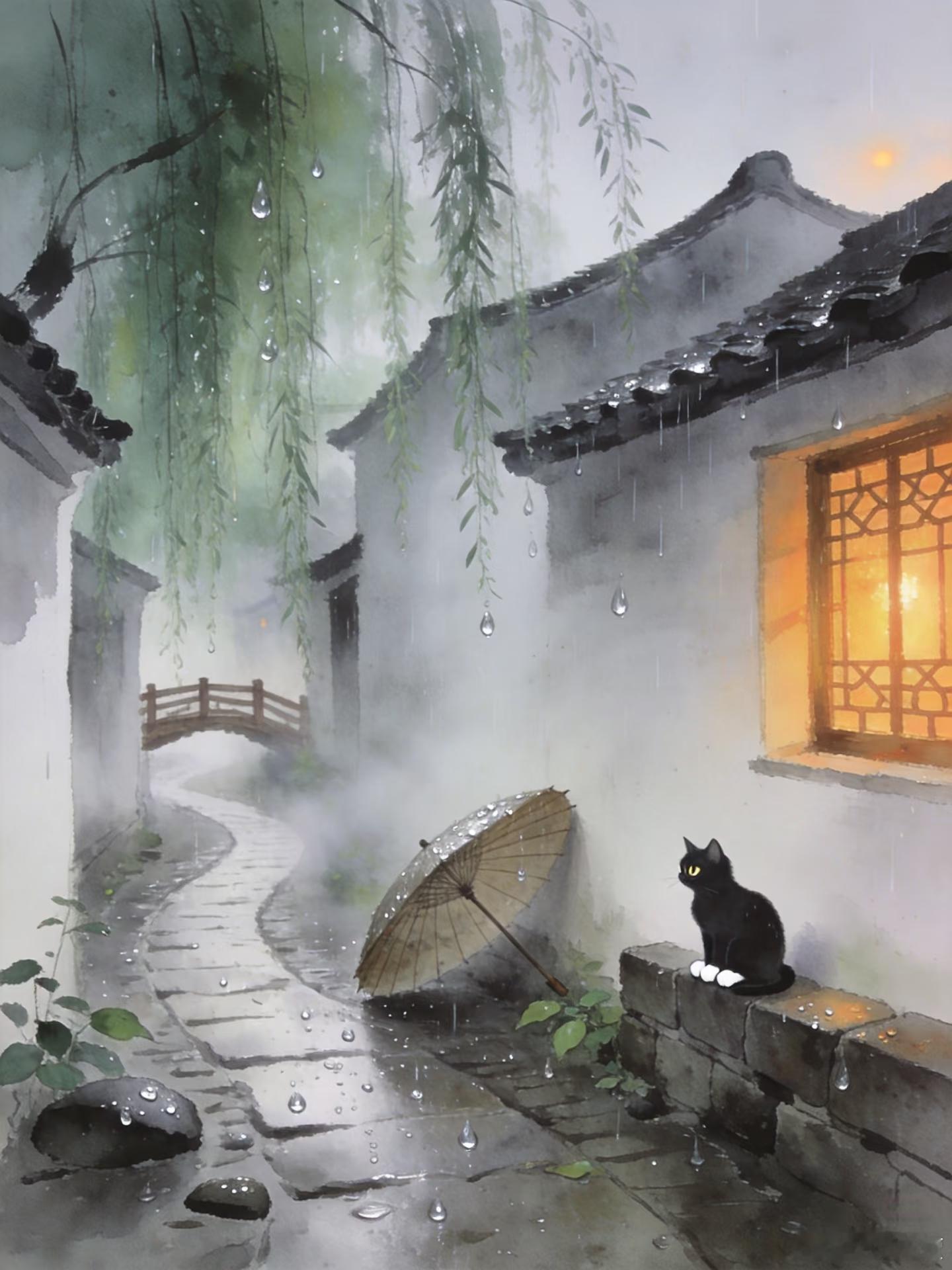 雨丝斜织成帘，灯笼在青瓦上晕开暖光✨。猫咪蜷在门墩，看花瓣坠入水洼，像时光碎成的