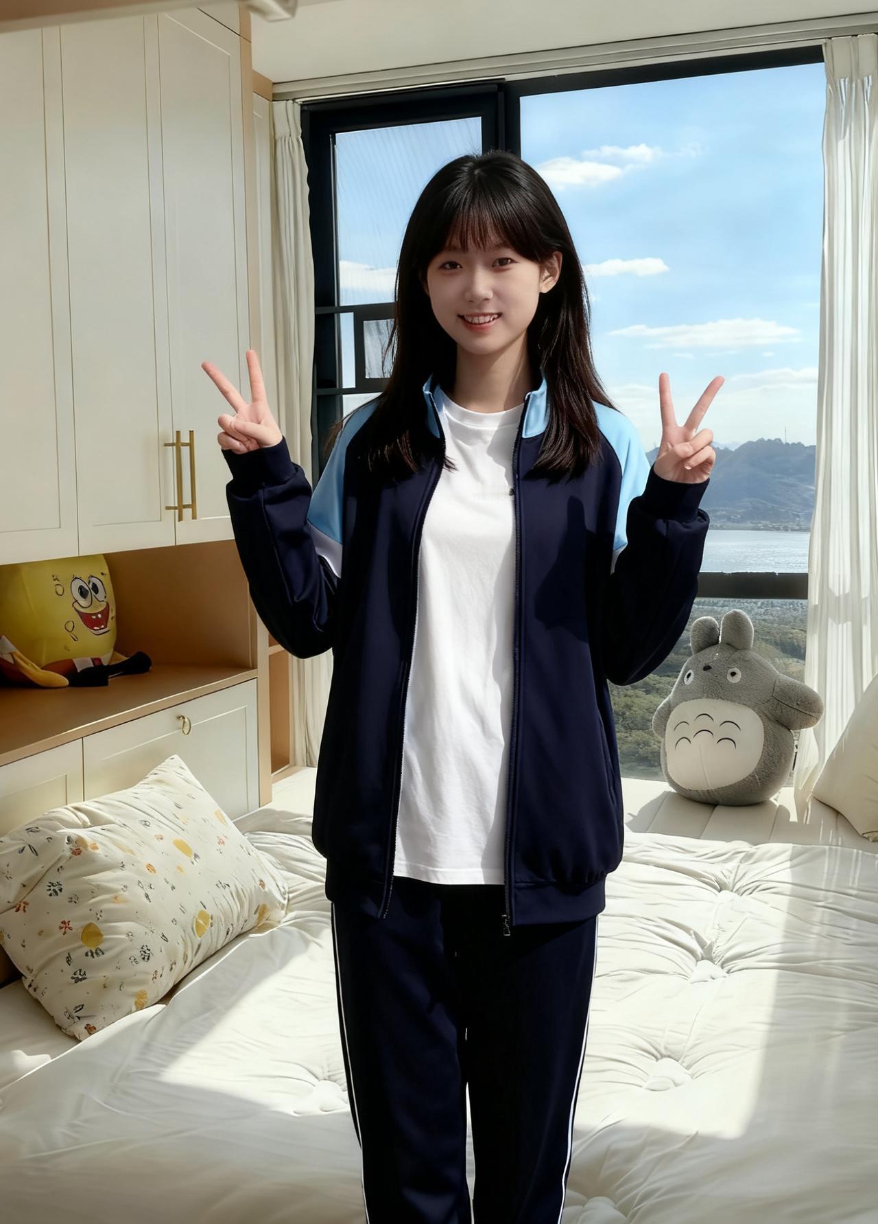 蓝白校服是你青春的符号比出的剪刀手尽显少女的俏皮~你站在窗前像一幅画