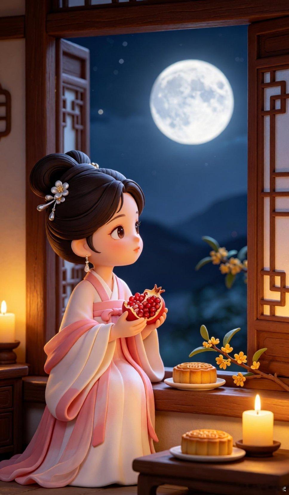 月满中秋阖家团圆～品茶赏月小仙女温馨插画壁纸🥮🍵🍑🌕