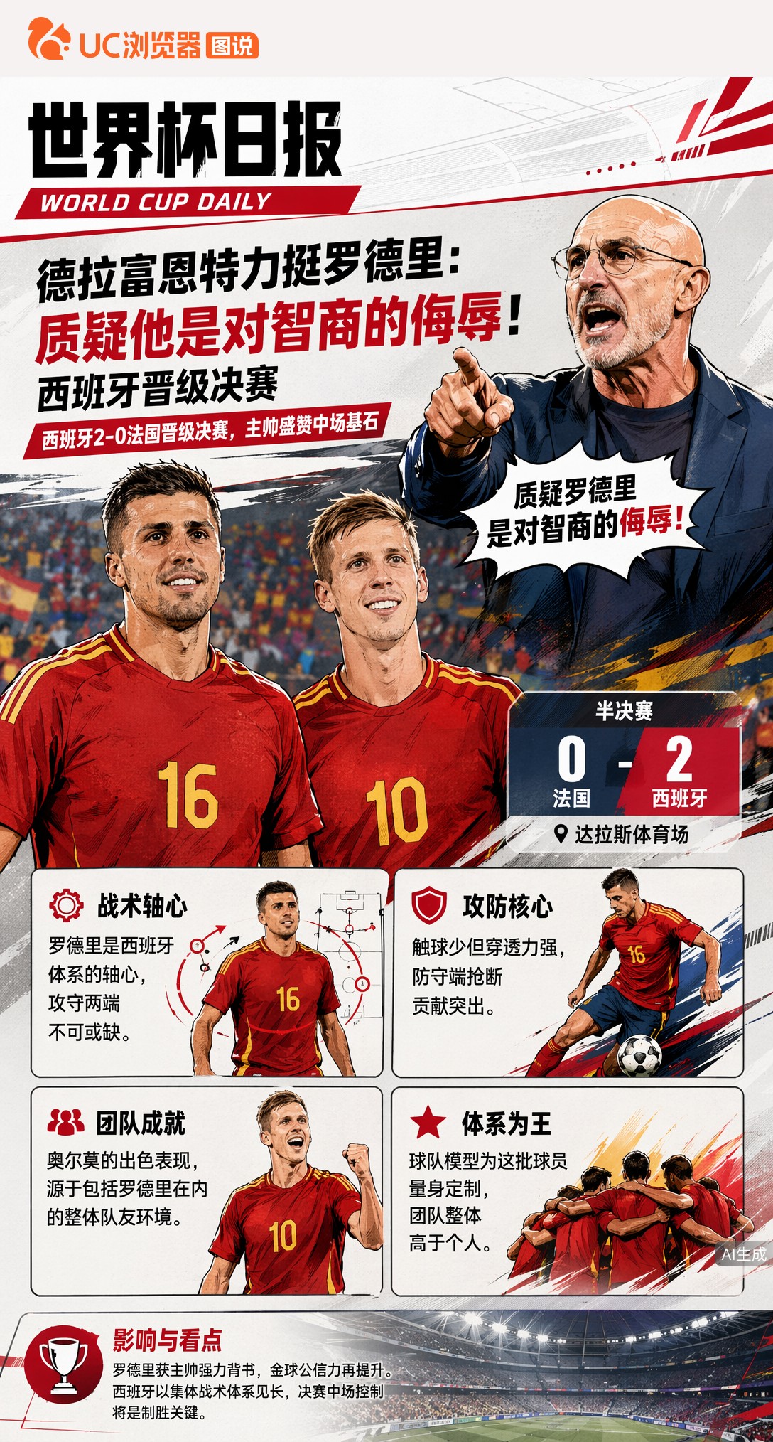 德拉富恩特力挺罗德里：质疑他是对智商的侮辱！西班牙晋级决赛