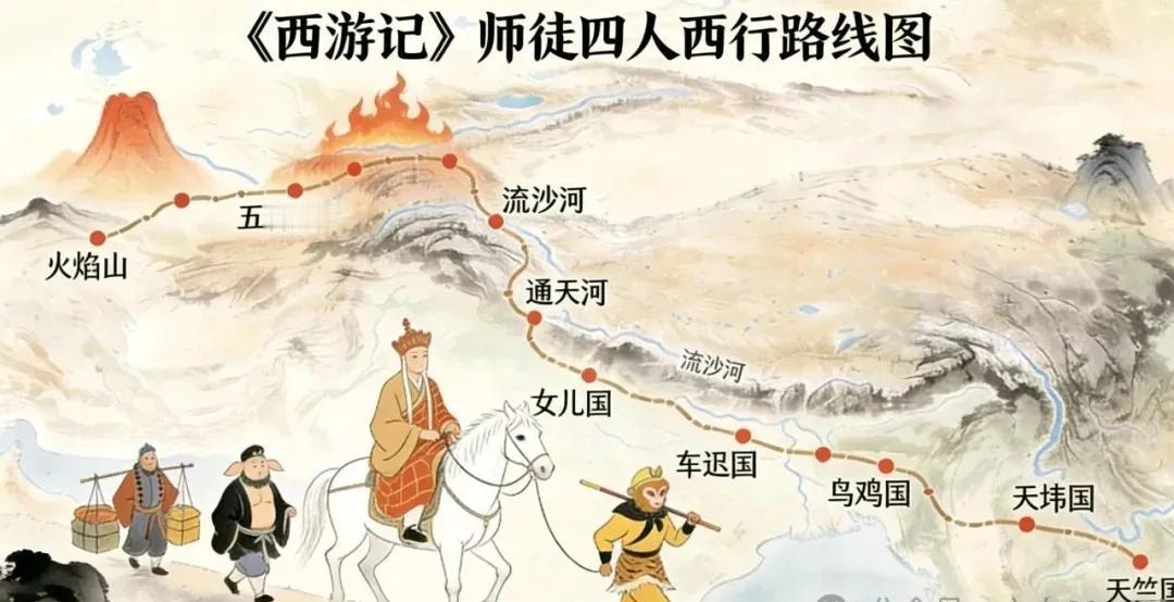 《西游记》师徒四人西行路线图：五行山、流沙河、火焰山、通天河、女儿国、车迟国、