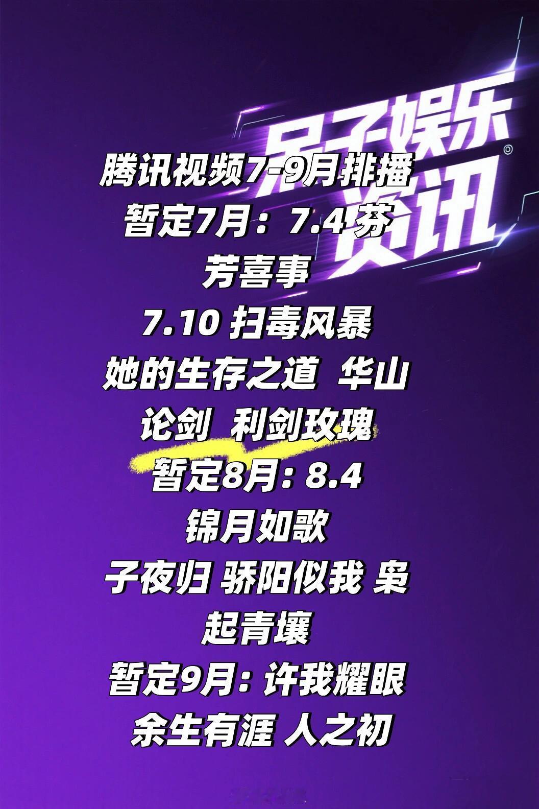腾讯视频7-9月排播🈶🍠暂定7月：7.4芬芳喜事7.10扫毒风暴她的生存
