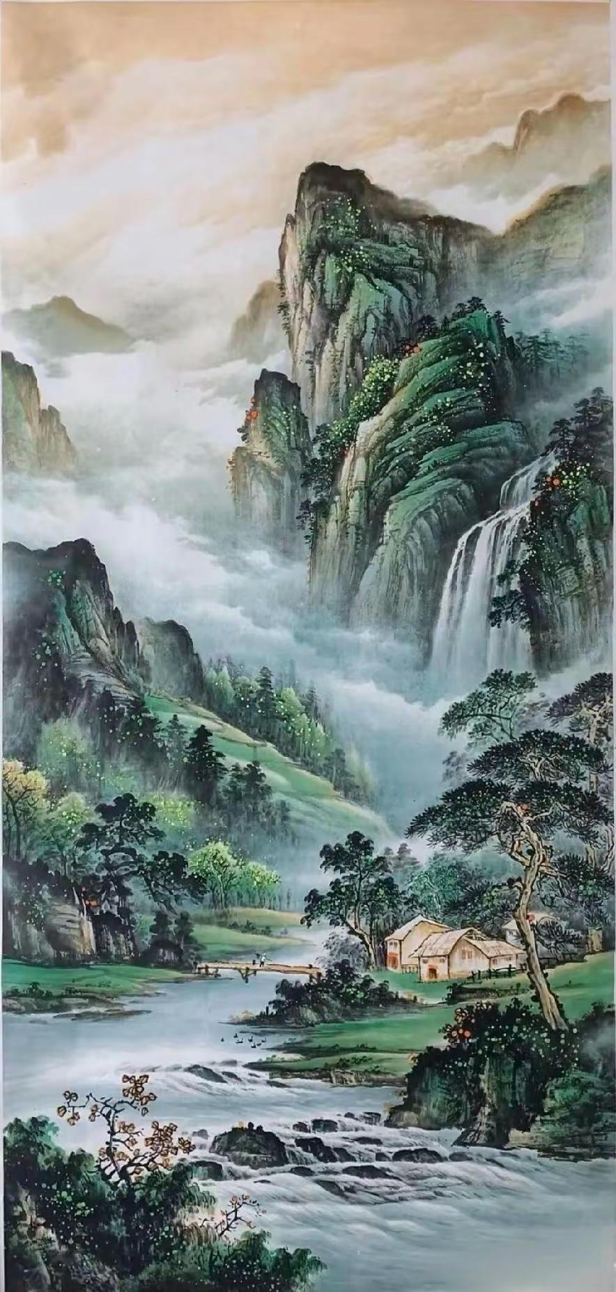 青山绿水。手绘国画国画山水山水写意感受国画的意境纯手绘国画艺术