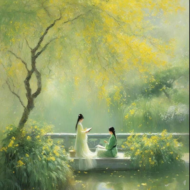 上联：淡淡轻烟陪柳住，下联：悠悠碧水恋云栖，下联：依依翠鸟伴花眠。