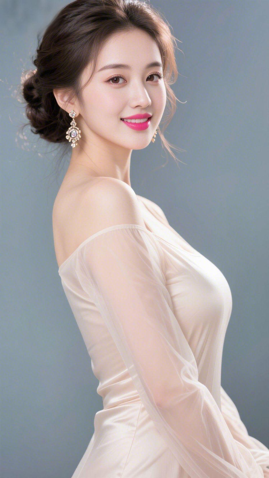 《柔纱衔暖光》灰调背景如浸软的云，衬得她一身浅纱似覆了层暖光。露肩裙