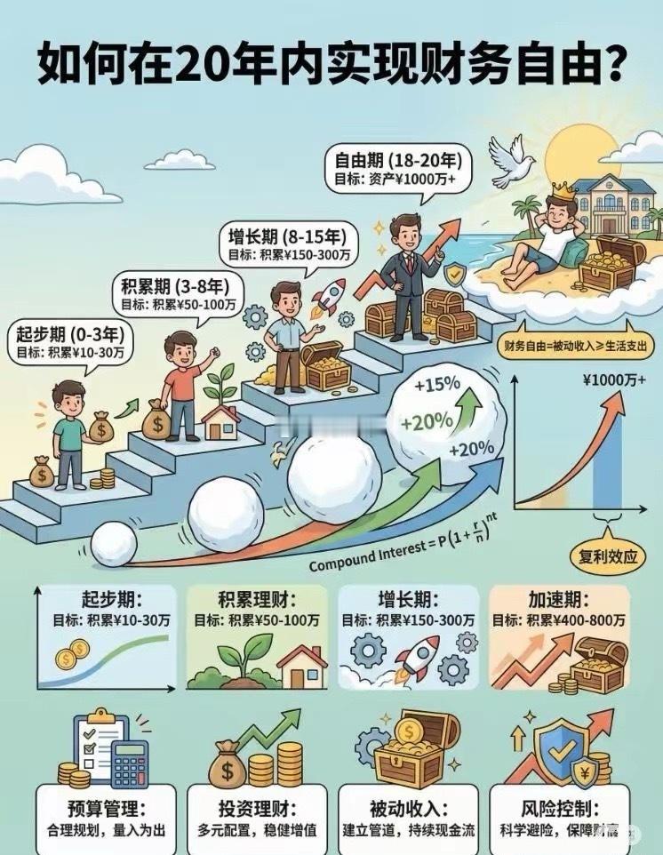 20年实现财务自由的「滚雪球」计划🔥这个「20年财务自由阶梯图」把赚钱逻辑