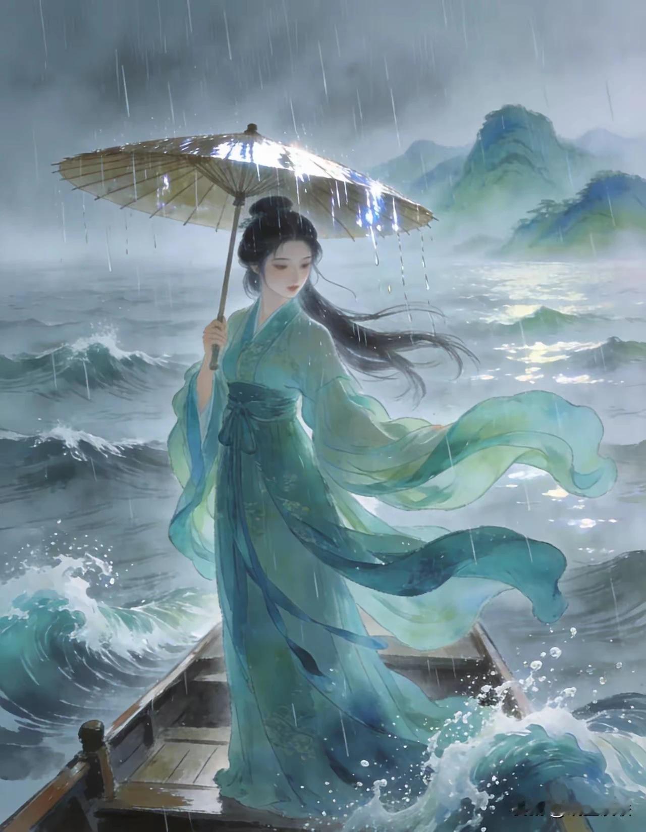 上联：骤雨横空翻碧浪；下联：狂风漫卷水连天。