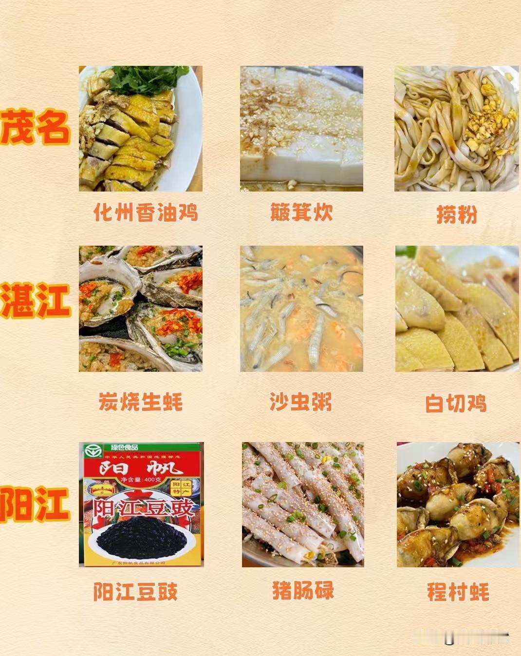 粤西3城的代表食物，你认同吗？茂名：化州香油鸡、簸箕炊、捞粉；湛江：炭烧生蚝